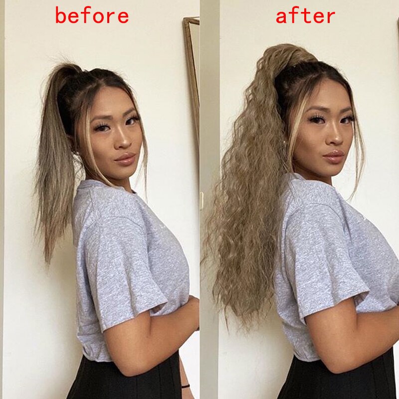 Werd lockigt lång hästsvans syntetiskt hårstycke wrap on clip hair extensions ombre brun hästsvans blont hår