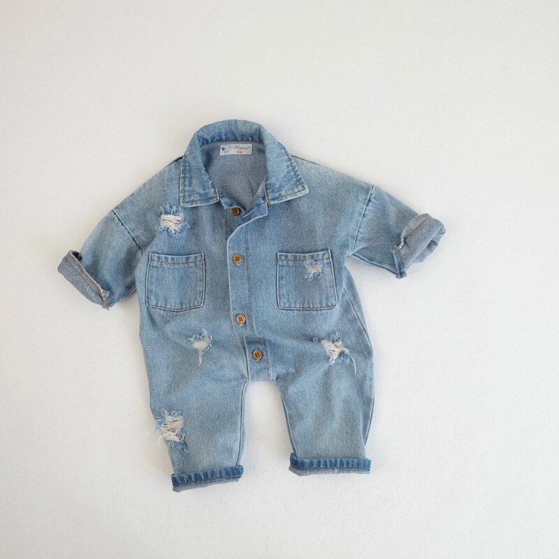 Mialncel Baby Rompertjes Peuter Meisjes Jumpsuits Baby Jongens Denim Romper Turn Down Kraag Outfit: 12m