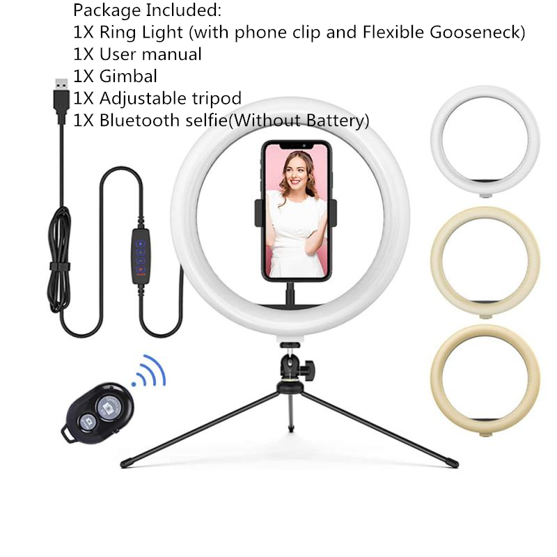 Anillo de luz LED regulable para selfies de 26cm/10 pulgadas 128 Uds. Lámpara de Anillo de luz LED para foto de cámara Video con trípode y soporte de Control remoto: 03