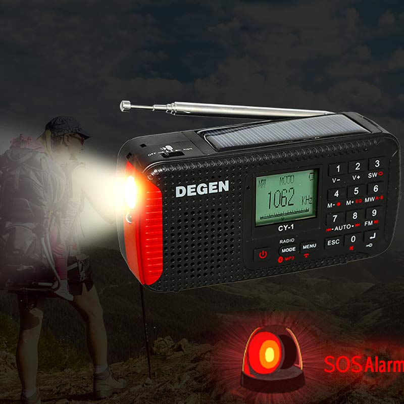 DEGEN CY-1 Emergency Radio FM /MW/ SW Dynamo Solar Alarm Clock Shortwave Radio LCD/SOS/Bluetooth/MP3/Recorder Portable Radio