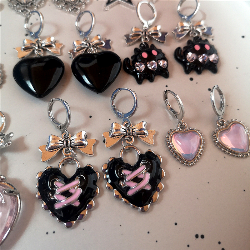 Gothic Jahrgang süße Schleife rosa Erdbeere Herz Stern Anhänger Ohrringe Egirl gotisch 2000er Jahre Y2K EMO Rave Schmuck Szene Zubehör