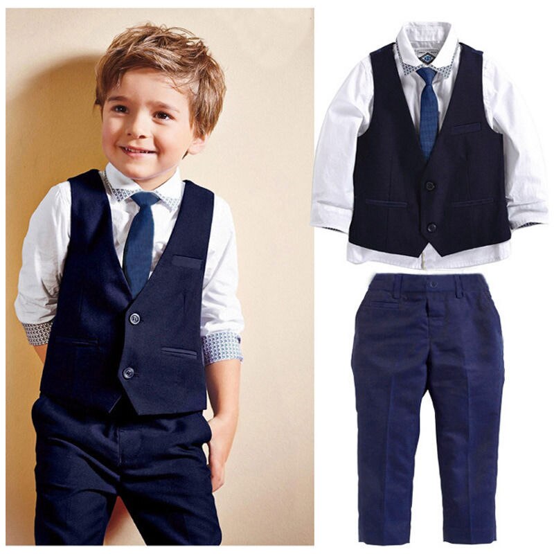 Trajes formales para bebés de 4 Uds. De 1 a 7 años, camisas blancas de manga larga para niños pequeños + chaqueta azul oscuro, chaleco, pantalones y corbata