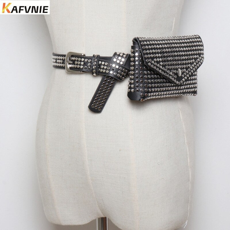 KAFVNIE modus Klinknagels Luxe Fanny Pack Size Pack Vrouwen Taille Bag Phone Pouch Pouch Lederen Riem Tas 1542