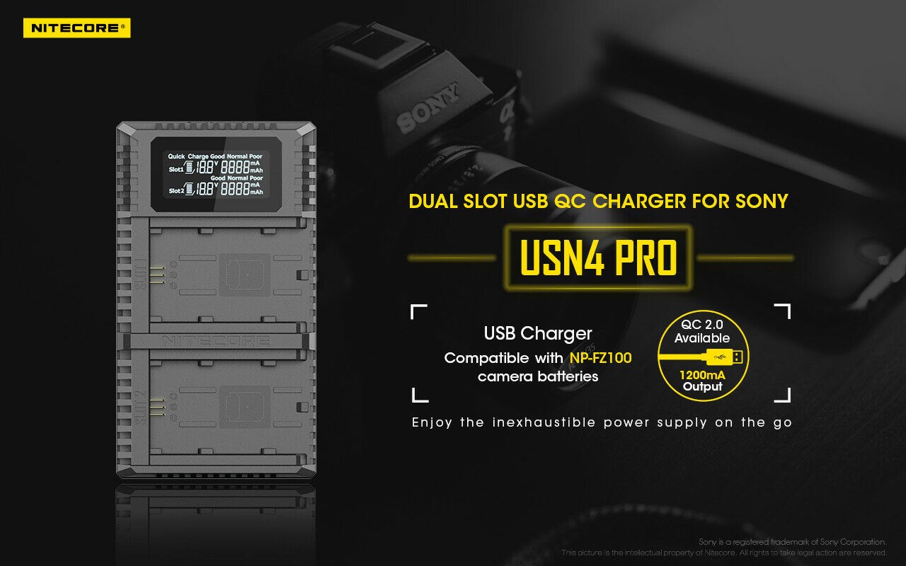 Nitecore usn4 pro digital carregador de câmera de viagem de slot duplo para sony NP-FZ100 baterias, compatível com a7 iii, a7r iii, a9