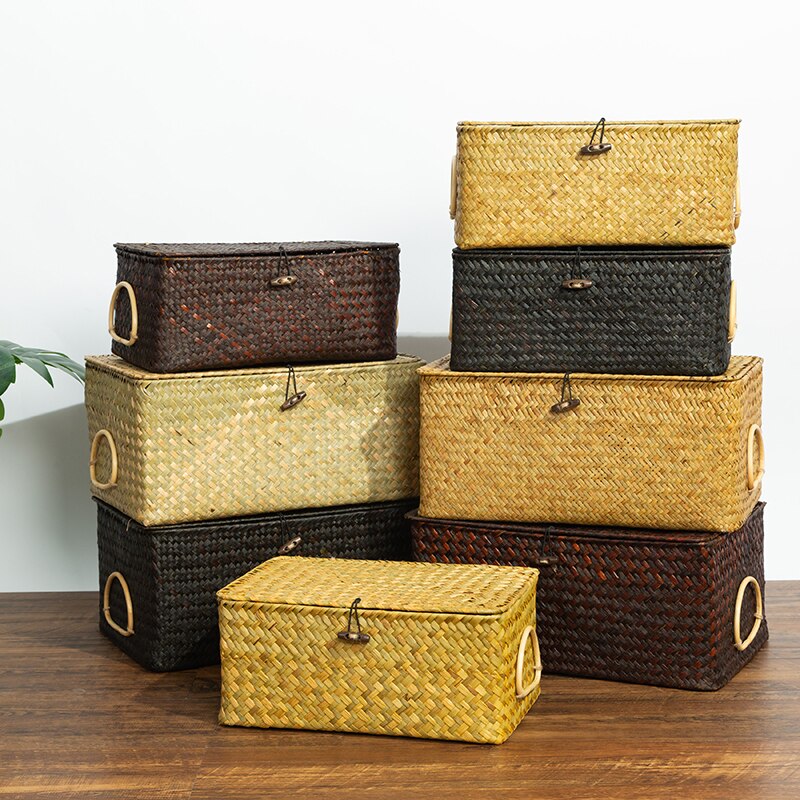 Wicker Basket Natural Seagrass Storage Basket with Lid Handwoven Storage Box Rattan Sundaries Organizer Multipurpose Container