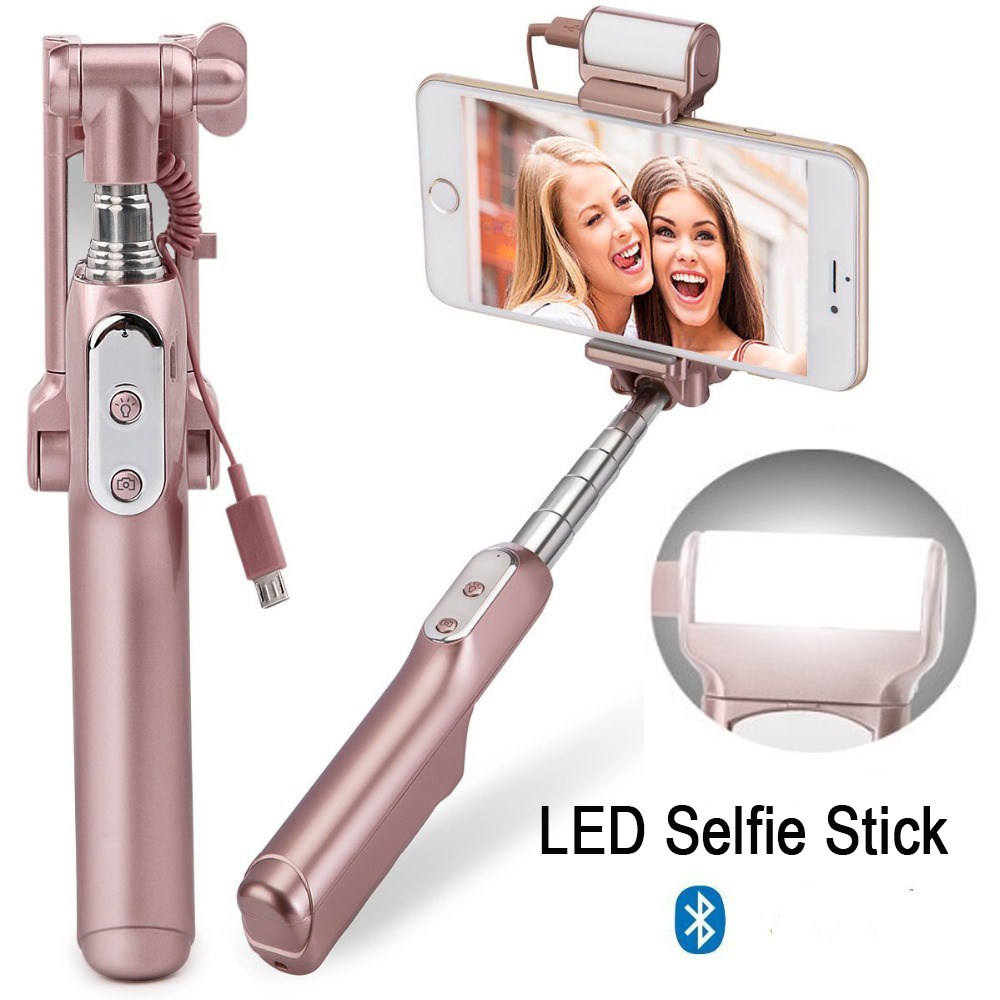 Bluetooth Selfie Stick Handheld Camera Opvouwbare Mini Monopod met Achteruitkijkspiegel/LED Selfie Vullen Licht Handvat Mini Zelf Pole statief
