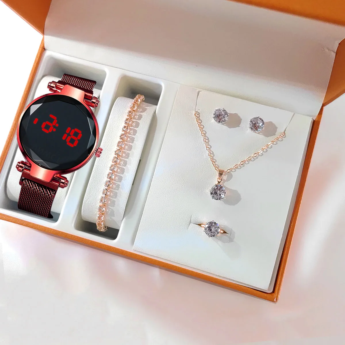 Reloj LED de lujo para mujer, pulsera magnética, collar, pendientes, anillo, reloj de vestir Digital de oro rosa, reloj de pulsera de cuarzo para mujer: Azul cielo