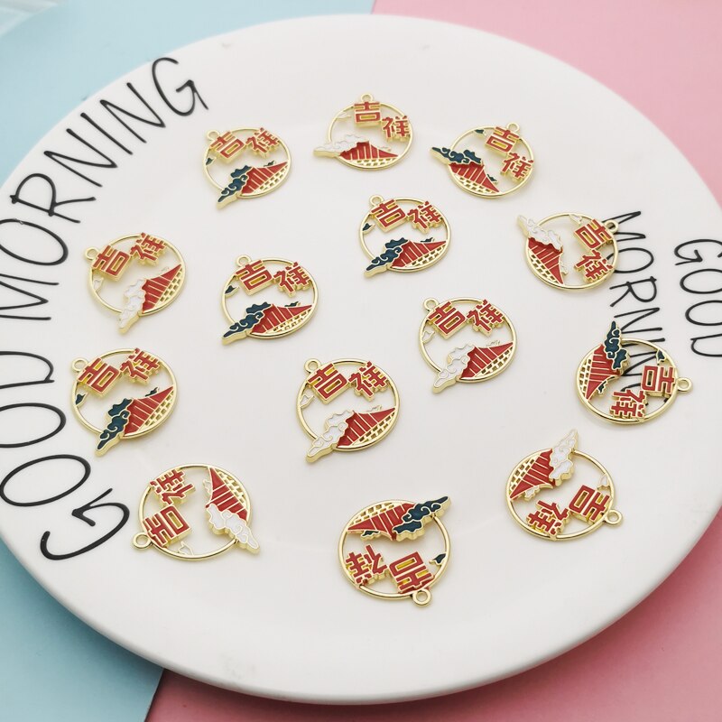 10 stück/packung chinesische emaille-anhänger, wolkentor-bilden, runde anhänger für schmuckherstellung, ohrringe, armbänder, schwebend 28*30mm