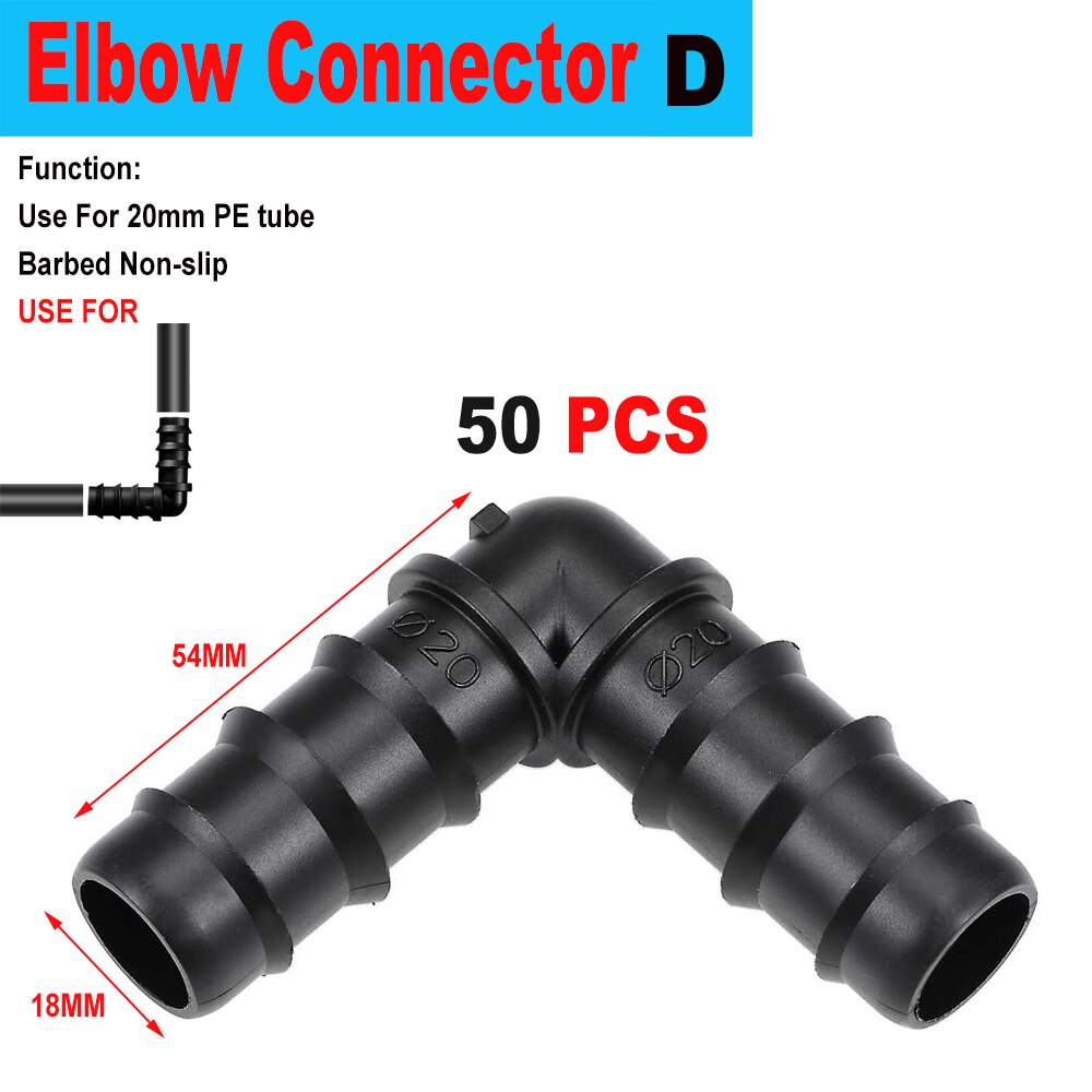 20/50pcs Micro Drip Irrigation Connectors End Plug Tee Elbow Equal Barb Connector 16mm 20mm Hose Folding Clip Micro Drip Adapter: D x 50 pcs x 54mm