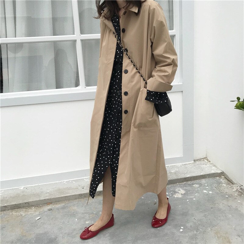 Korean Trench Coat Female Outerwear Summer Windbreaker Long-gown Loose Thin Coat Single-breasted Long Sleeved Shirts Coat Women: Khaki