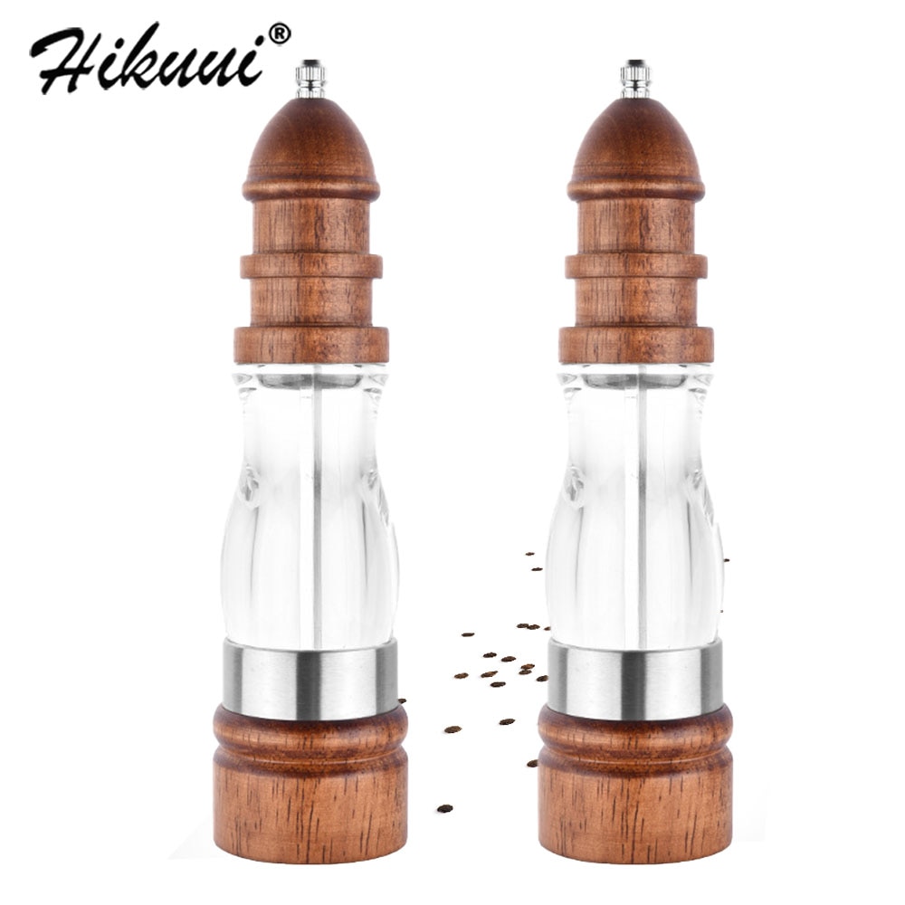 Antieke Peper Zout Molen Grinder Massief Hout En Acryl Fles Hand Keramische Slijpen Mechanisme Spice Peper Keuken Bbq Mills