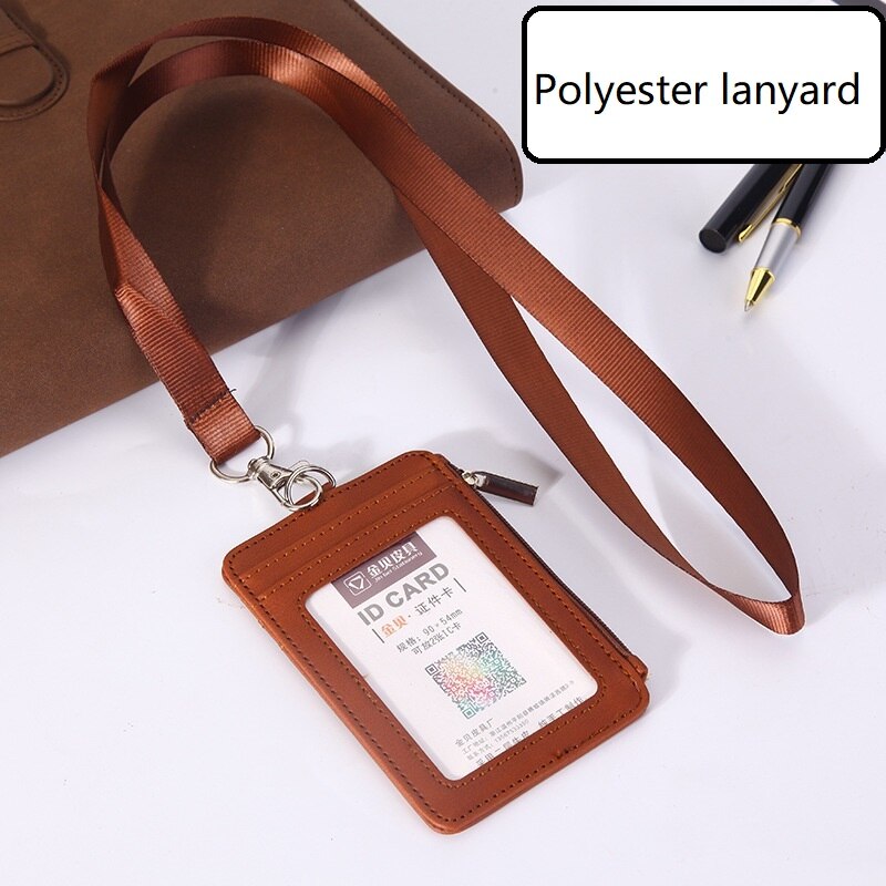 Pu Lederen Id Badge Houder Met Rits Porte Bus Pass Case Cover Slip Mannen Vrouwen Bank Credit Card Houder met Polyester Lanyard: Brown Polyester