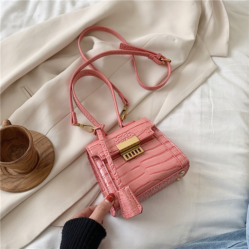 Mini PU Leather Crossbody Bags For Women Summer Stone Pattern Shoulder Simple Handbag Female Tote Handbags: Pink