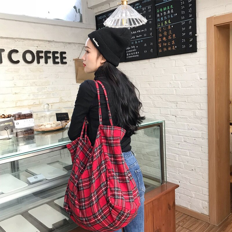 Youda coreana sencilla bolso de lona a cuadros bolso de gran capacidad bolso de hombro literario para mujeres bolso de compras para estudiantes