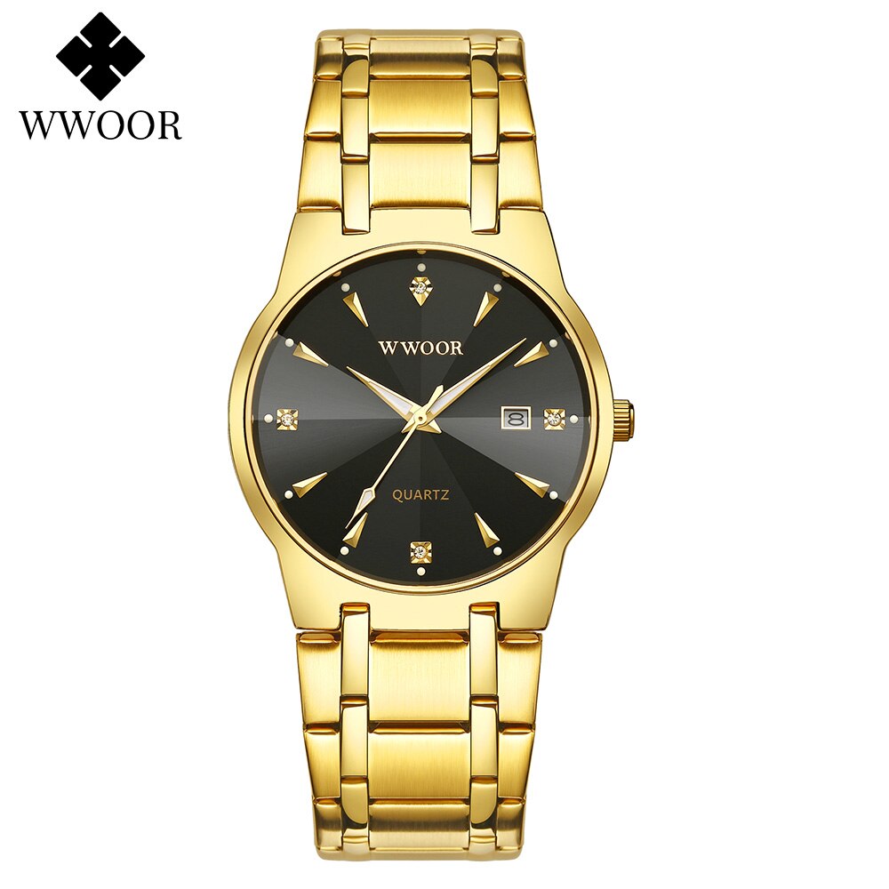 Wwoor Horloge Mannen Goud Zwart Horloge Top Luxe Rvs Quartz Horloge Man Lichtgevende Waterdicht Datum klok