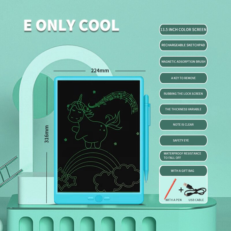 Rechargeable Graphics Tablet 13.5-Inch LCD Eye Protection Screen Anti Graphics Tablet Lightweight Portable Graphics Tablet: 13.5inch single blue