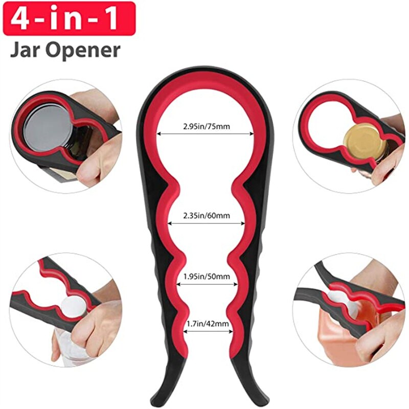 Potopener voor multifunctionele 6-in-1 flesopener Potdekselopener, 4-in-1 potopener en antislip deksels Opener Grijper