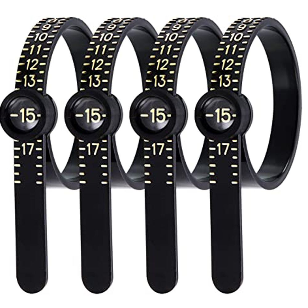 Calibrador de anillos de plástico negro, medidor de dedo genuino, banda de anillo de boda con lupa, herramienta de medición de joyería, tamaños 1-17