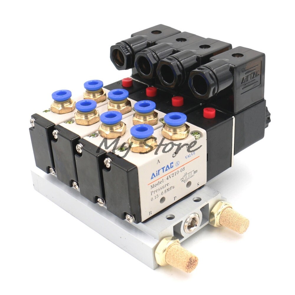Électrovanne pneumatique à tête unique, 4V210-08 cc12v cc24v AC110V AC220V, 2 positions 5 voies 4 avec raccord de Base