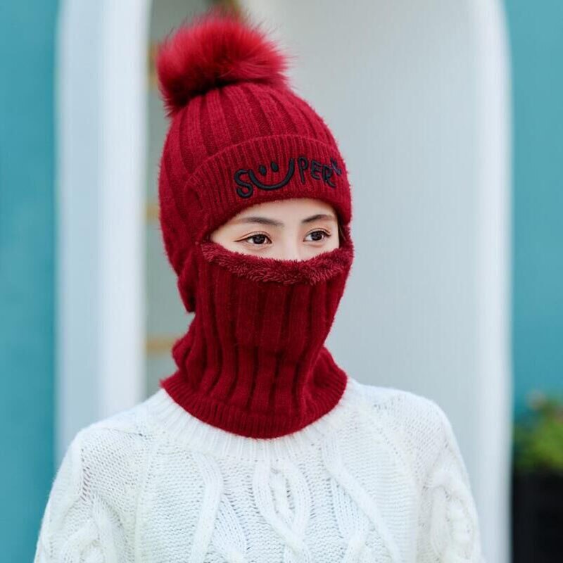 Kvinders hatte uld balaclava ansigtsmaske hatte kvinder hue dobbeltbrug hat ørebeskyttere strik hatte vinter tørklædedragter fortykkelse: Rødvin
