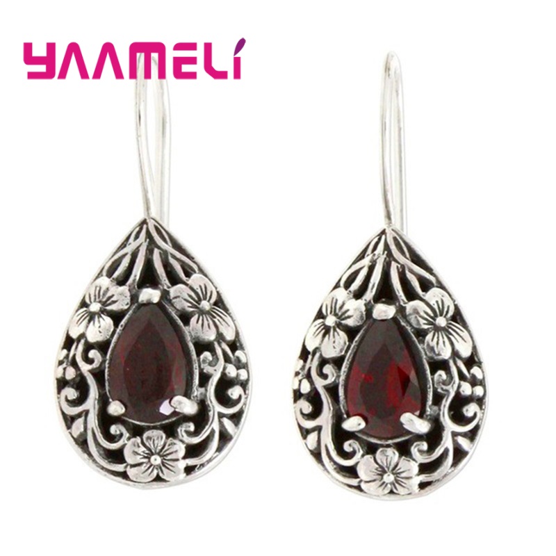 Pendientes de gota de agua de estilo Retro para mujer, Plata de Ley 925 antigua, circonita roja, tallado de flores