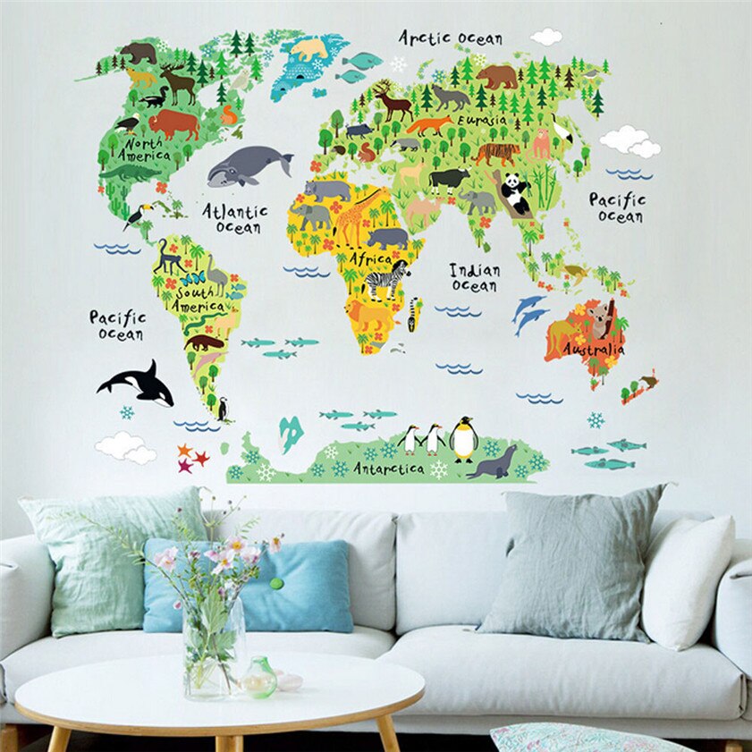 Wallpaper Sticker Animal World Map Wall Stickers K... – Vicedeal