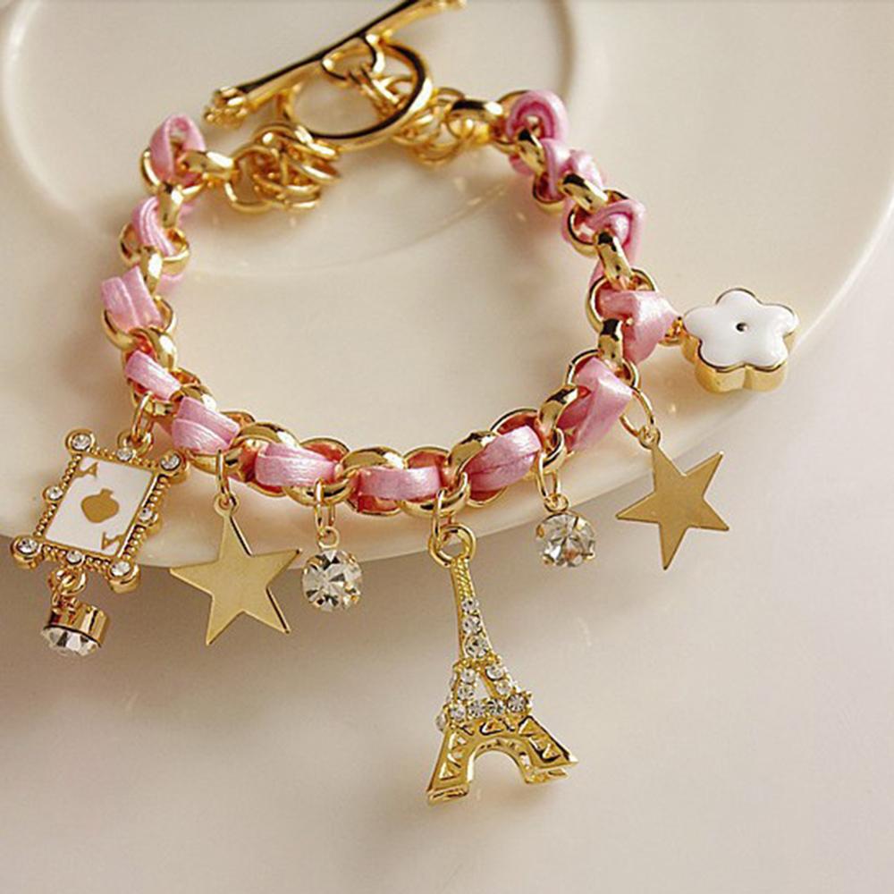 Women Flowers Bracelet chain Star Heart Paris Eiffel Tower Crown Poker Cute Bangle Leather Rope Chain Jewelery