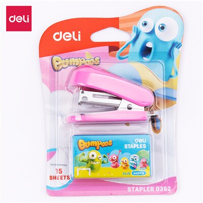 Deli Mini Stapler 24/6 26/6 1 Set with staples Cartoon student cute stapler stationery office supply School accessory E0352: Pink
