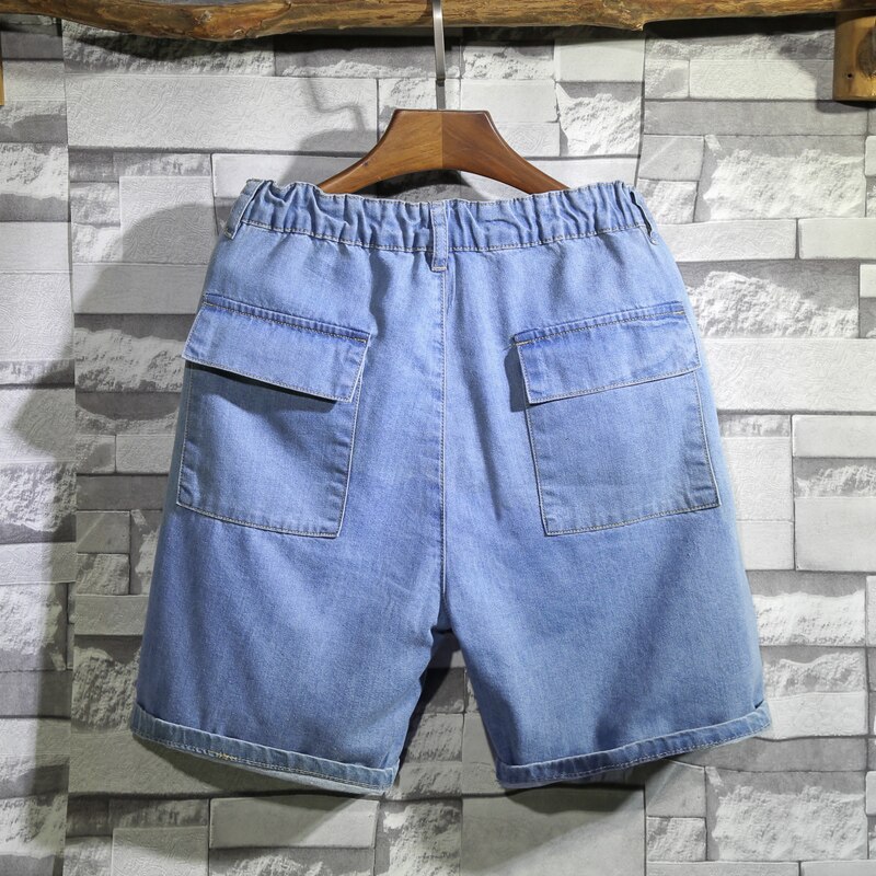 Large Size Men's Big Pocket Short Jeans Summer Light Blue Loose Workwear Denim Shorts Male Brand Clothes