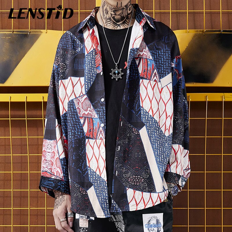 Lenstid japansk ukiyo e geometri patchwork langærmede shirts hip hop afslappet streetwear skjorter mænd kvinder toppe