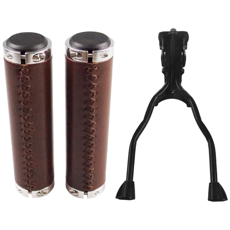 1 Pcs Stable Iron Double Leg Mount Stand Bicycle Kick Stand & 1 Pair Retro Bike Handlebar Grips Bike Handle