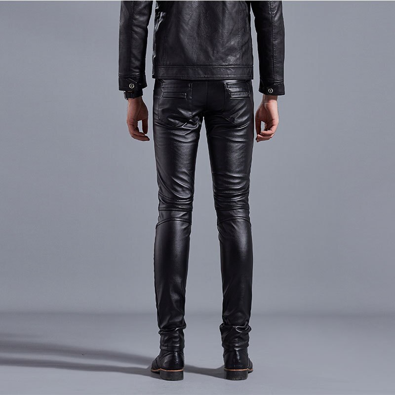 Mannen Herfst Dunne Lederen Broek Slim Fit Lederen Broek Jeugd Voeten Stretch Motorfiets Pu Lederen Broek