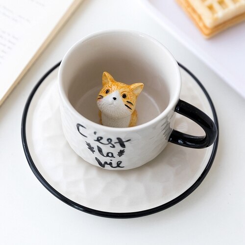 Cute Coffee Cup and Saucer European Tea Set Ceramic Cup and Saucer Set Bone China Idea Coffee Cup DD60CS: Cat C