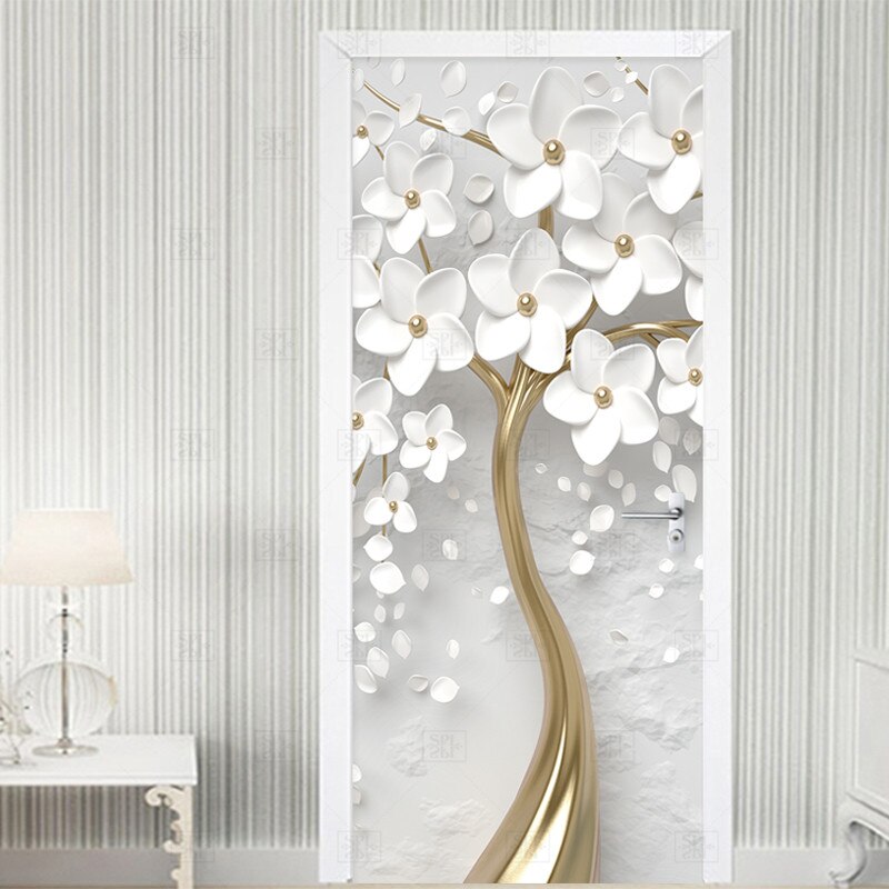 Zelfklevende Deur Sticker 3D Stereo Witte Bloemen Muurschildering Behang Woonkamer Slaapkamer Home Decor Deur Poster Waterdicht Sticker
