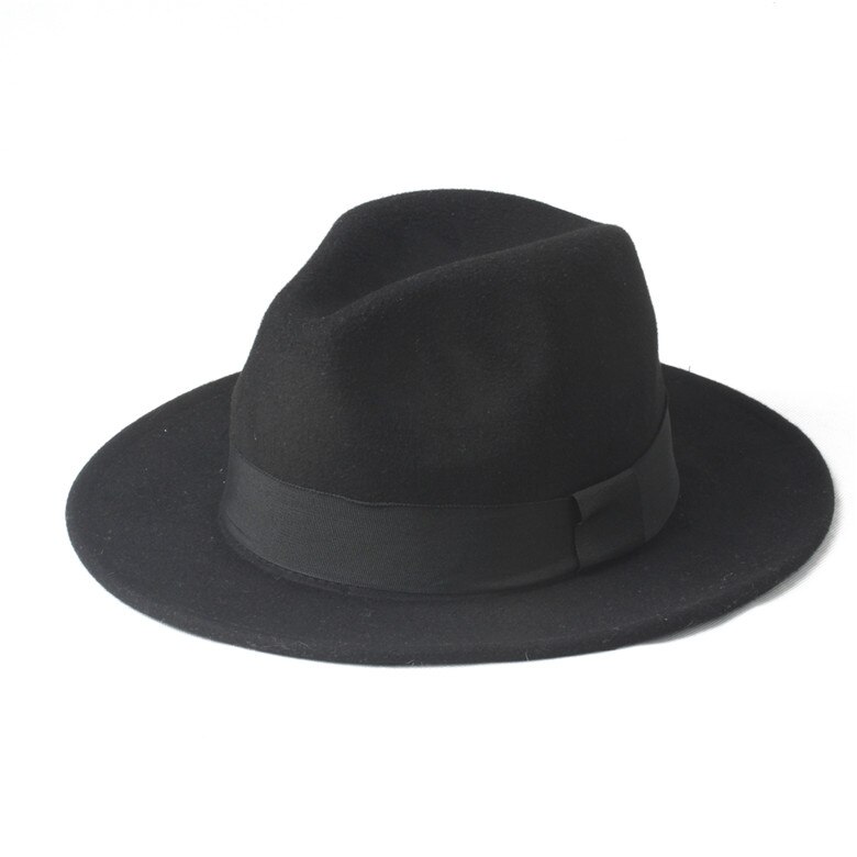 2 grote Maat 100% Wol Mannen Vilt Trilby Fedora Hoed Voor Gentleman Brede Rand Top Cloche Panama Sombrero Cap Maat 56-58, maat 59-61 CM: Black / 59-61CM