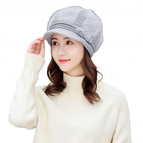 Winter dames gebreide baret muts met klep verguld roze wijnrood warme zachte effen muts dames imitatiebont muts: Beige