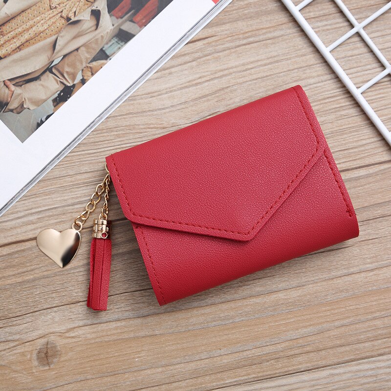 Women Wallet Cute Student Tassel Heart Pendant Short Wallet Small PU Wallet Coin Purse Ladies Card Bag For Women: wine red