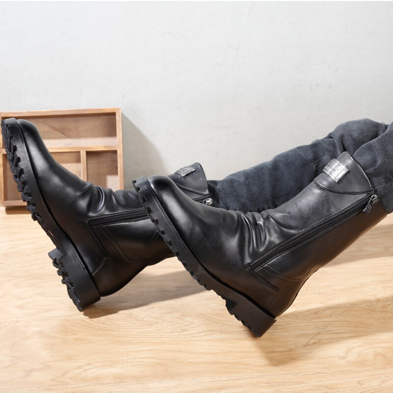 Botas de vaquero de italiana para hombre, calzado informal para moto, zapatos negros de cuero genuino para Otoño e Invierno