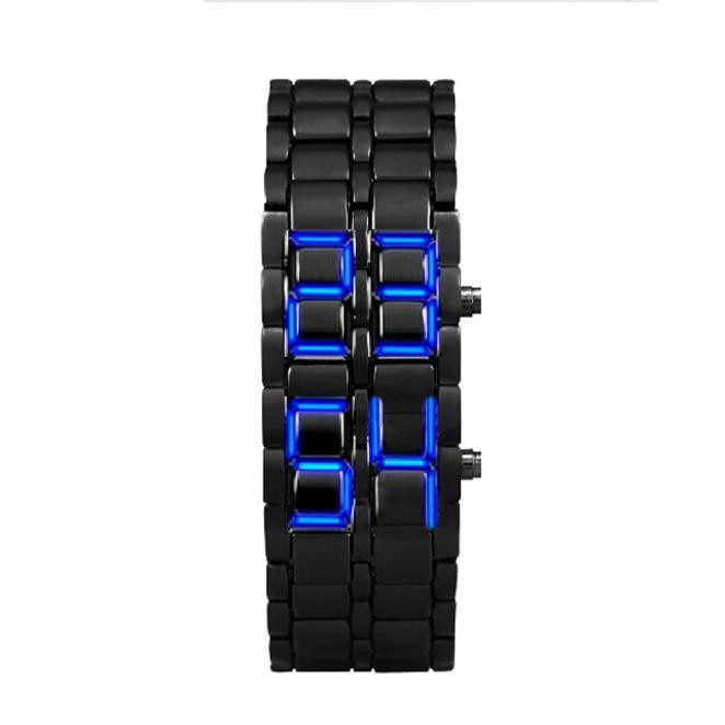 Mode Zwarte Volledige Metalen Digitale Lava Polshorloge Iron Metal Blue Led Samurai Voor Mannen Boy Sport Eenvoudige Wathes Mens horloges