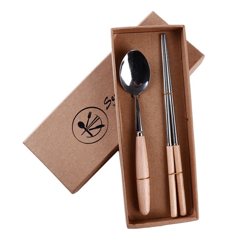 Luxe Bestekset Rvs Bestek Houten Handvat Servies Thuis Party Servies Mes Vork Lepel Pack: 2PCS