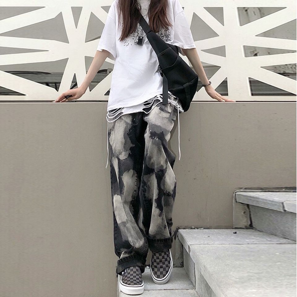 DUEWEER Mens Tie Dye Jeans Spring Women Straight Trousers Streetwear Casual Plus Size Baggy Harajuku Distressed Denim Pants