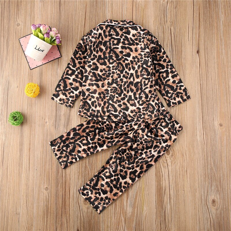 6m-6y små piger dreng kid 2 stk pyjamas sæt leopard kort/langærmet button-down krave skjorte top korte/lange bukser nattøj sæt