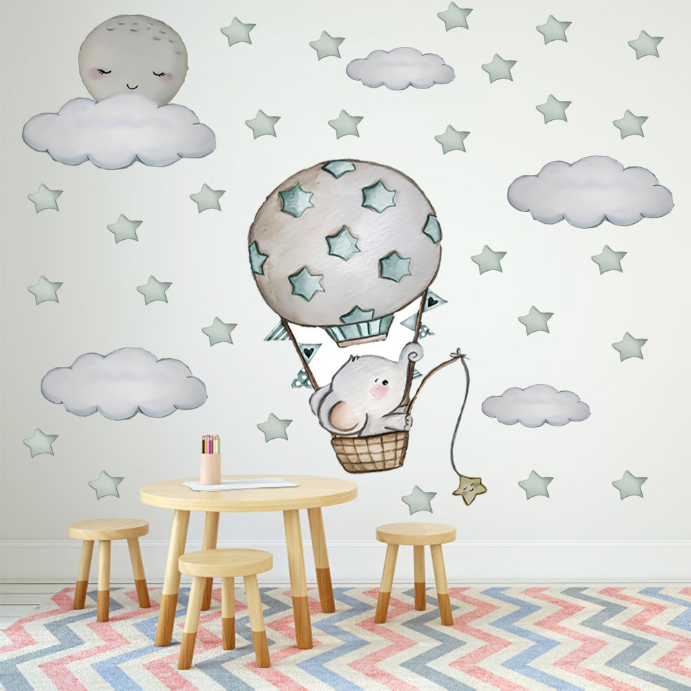 Pegatinas de pared pintadas a mano con globo aerostático para niños, calcomanías de vinilo respetuosas con el medio ambiente, con de elefante y Estrella, decoración del hogar