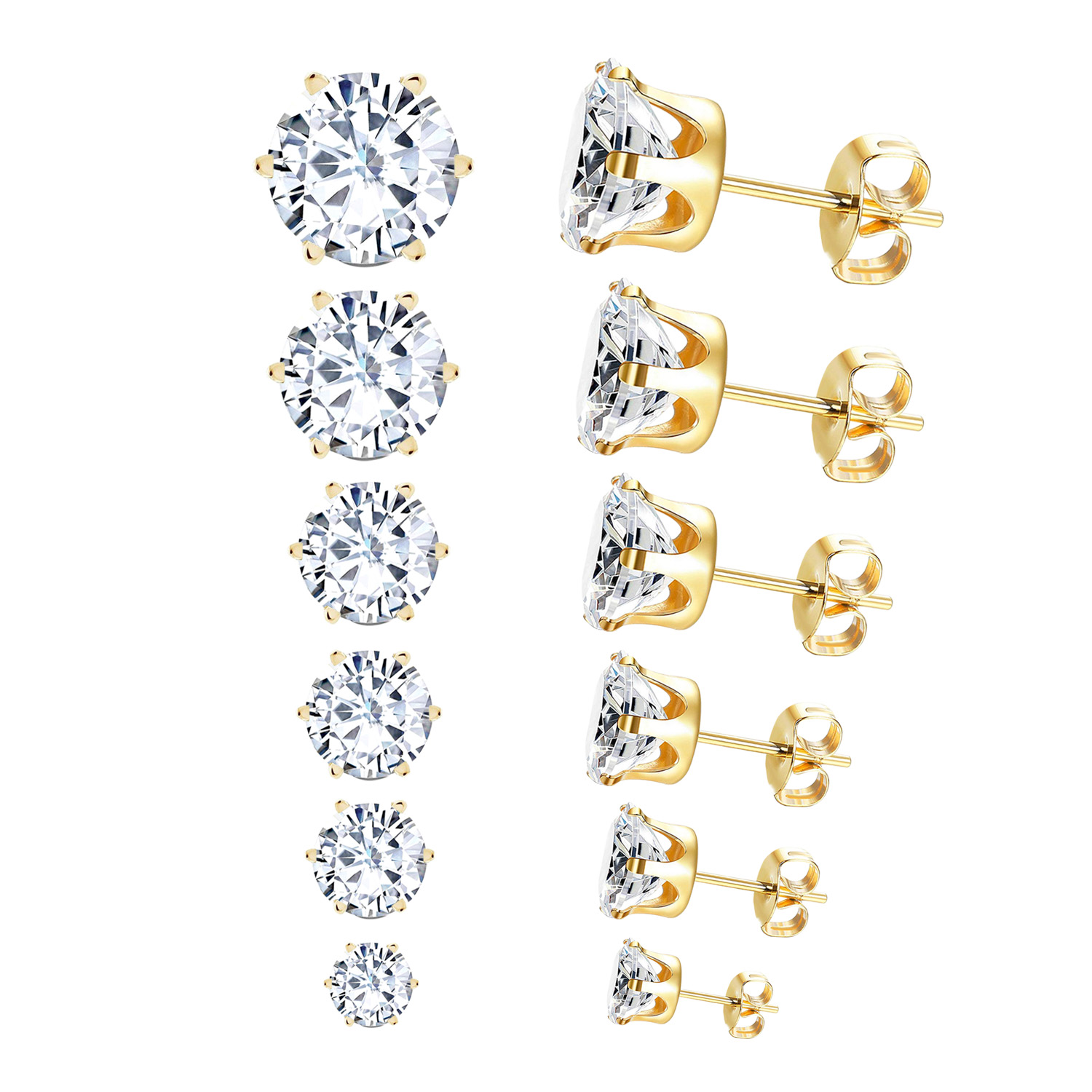 LUXUSTEEL 6 Paare/einstellen CZ Ohrstecker Edelstahl rund weiß Zirkonia hypoallergen 6 Krallen Ohrring trendiger Schmuck: Hellgelb Gold Farbe