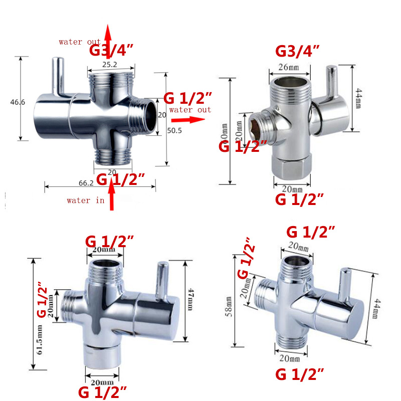 Mannelijke G1/2 &quot;G 3/4&quot; Vrouwelijke Water Diverter 3way Kraan T Adapter Verchroomd Badkamer Wc Douche vullen Kleppen Accessoires