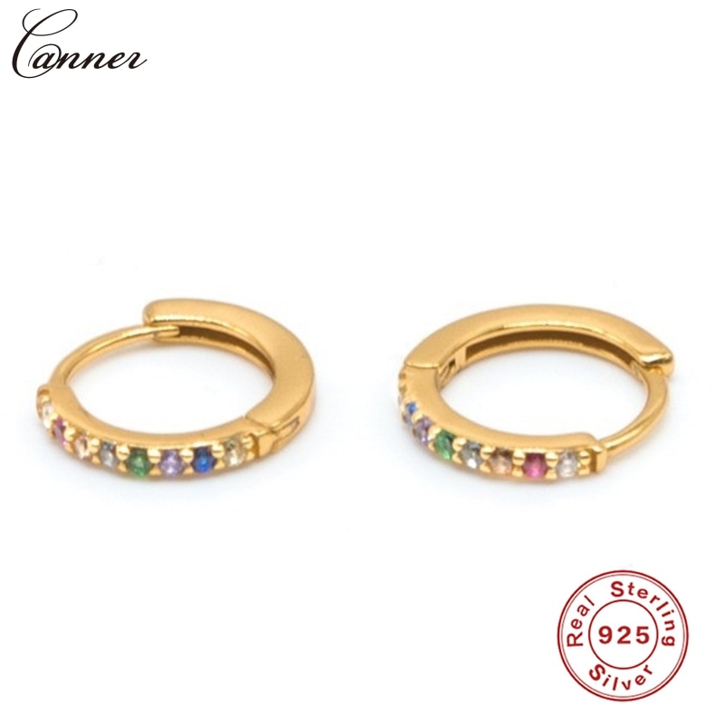 CANNER-pendientes de aro de circonita con Color de arco iris para mujer, aretes circulares de Plata de Ley 925 para mujer, Color dorado, CZ, cristal, , Q40