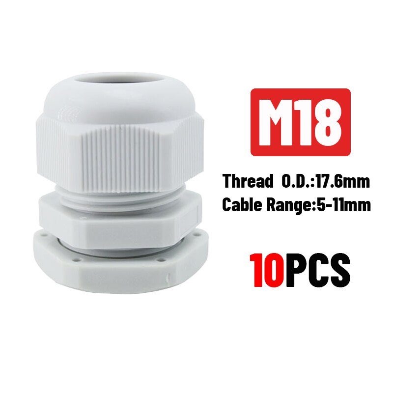 White 10pcs IP68 M12 for 3-6.5mm PG7 M16 M18 M20 M25 M36 M40 M63 Wire Cable CE Waterproof Nylon Plastic Cable Gland Connector: M18x1.5