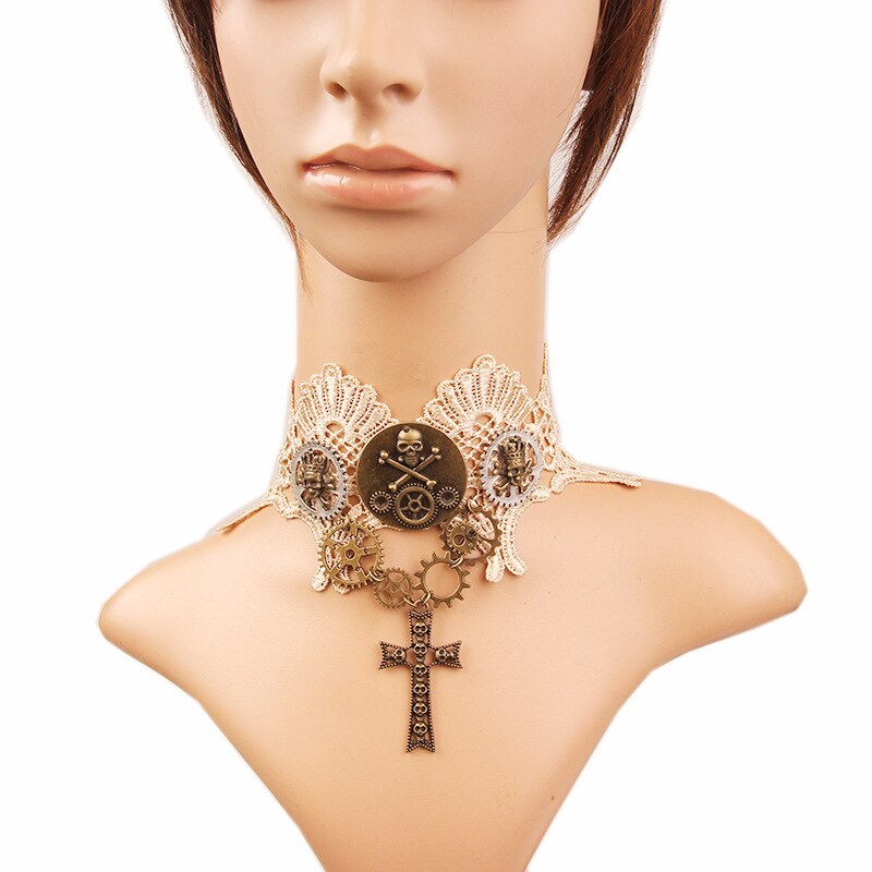 Collar con engranaje de motor de vapor Retro para mujer, accesorios de ropa de con calavera de encaje al Curry, accesorios sencillos y elegantes delicados