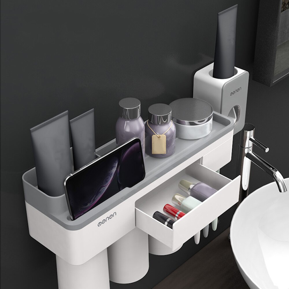 Mengn Toothbrush Rack Wall Mounted Toothbrush Holder Cup Organizer Toothpaste Dispenser Washroom Bathroom Storage Rack Shelf