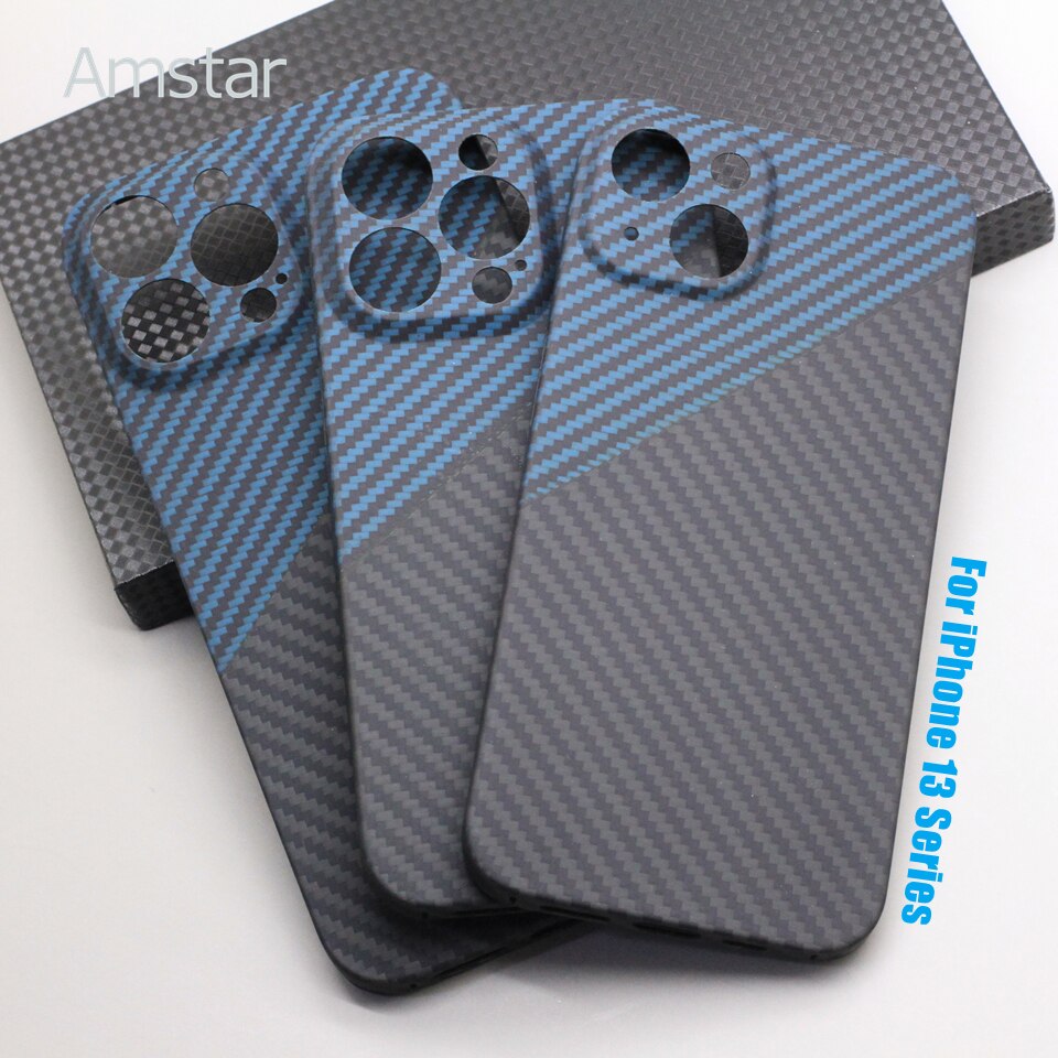 Amstar Blauw-Zwart Carbon Lens Wrap Telefoon Case Voor Iphone 13 Pro Max 13 Pro Ultra-Dunne Aramid Fiber Hard Cover